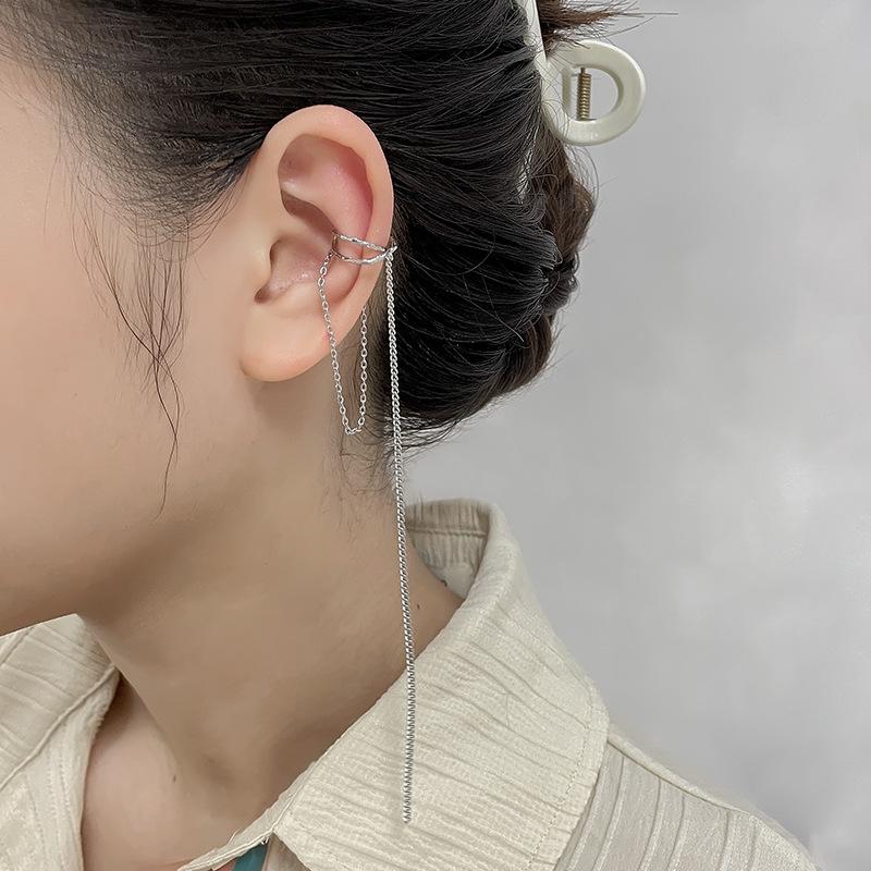 Панк серебряного цвета с длинными кисточками для ушей, женские корейские модные висячие серьги-клипсы для девочек, винтажные поддельные серьги для пирсинга, ювелирные изделия