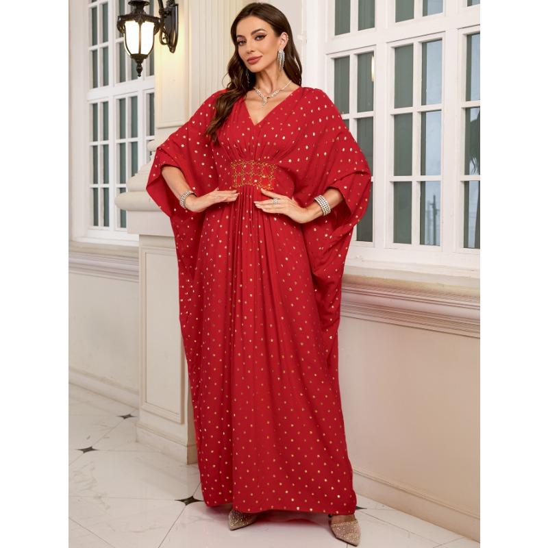 Женская мода весна осень горошек принт длинный рукав V-образный вырез свободная талия повседневные платья