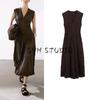 Spring and Summer New Arrival Women's Clothing Nanfa Elegant Brown Drape Elegant V Neck Pleated Mid-Length Dress 6679585