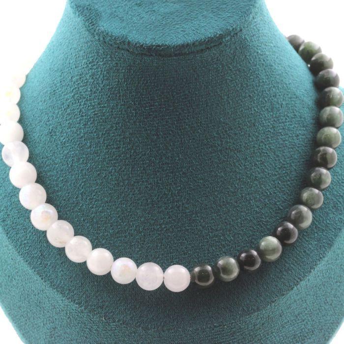 Pierres et Minéraux. Collier perles Pierre de Lune + Seraphinite de Russie 8 mm. Chaine en Collier femmes, hommes. Taille personnal
