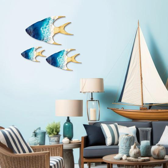 3 шт./набор Деревянная Рыба Настенное Украшение Косяк Рыб Пляжный Озеро Дом Ванная Комната Настенное Искусство Морская Прибрежная Океанская Тема Подвесное Украшение