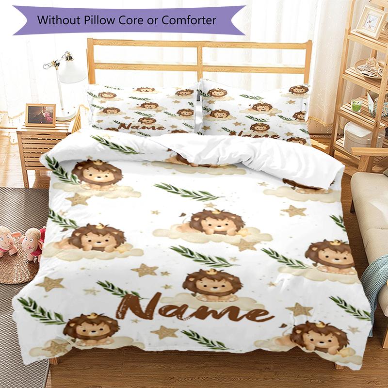 3pcs Custom Name Lion Bedding Set Duvet Cover Closure Includes 1 Duvet Cover & 2 Pillowcases, Soft and Comfortable for All Seasons.