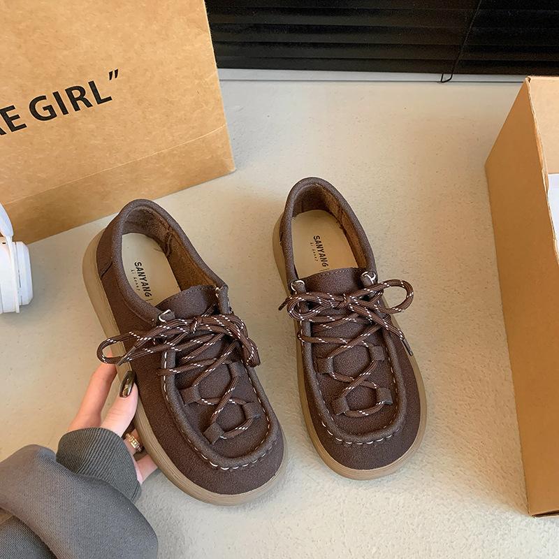 2025 весна и осень новая повседневная плоская женская обувь из искусственной кожи круглый носок на шнуровке универсальная женская одинарная обувь лоферы тренд