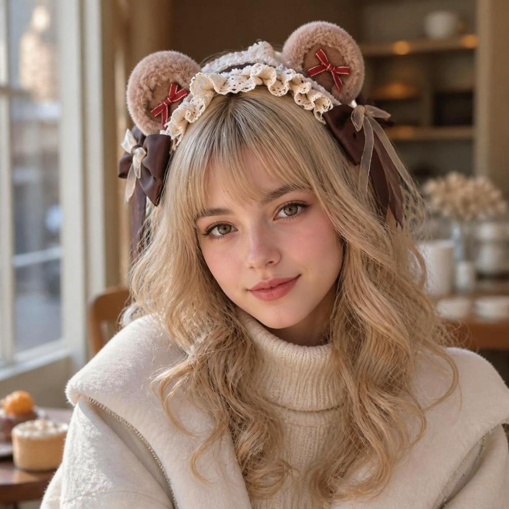 Big Bow Bear Ear Headband Fluffy Plush Cosplay Hair Accessory Lolita Headband Daily Dress-up