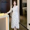 Elegant Fashion Spring Autumn Women Midi Chiffon Dress Peter Pan Collar Floral Print Elastic-Waist Dress Feminine Long Sleeve Split Dress
