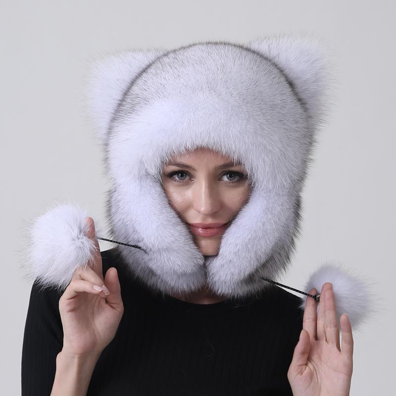 Женские зимние меховые шапки-бомбардировщики из натурального меха лисы с помпонами, ушками и хвостом, толстые теплые шапки для отдыха на природе