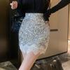 Sequined Lace Stitching High-waisted Shiny Skirt for Women Summer Slimming A-line Hip-hugging Party Evening Mini Skirts