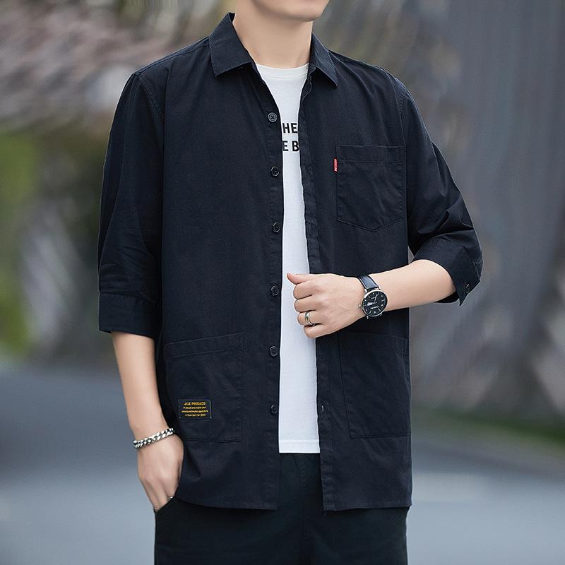 Летняя хлопковая мужская рубашка со средним рукавом, повседневная трендовая рубашка с рукавом семь четвертей, тонкая универсальная однотонная рубашка с верхом для мужчин
