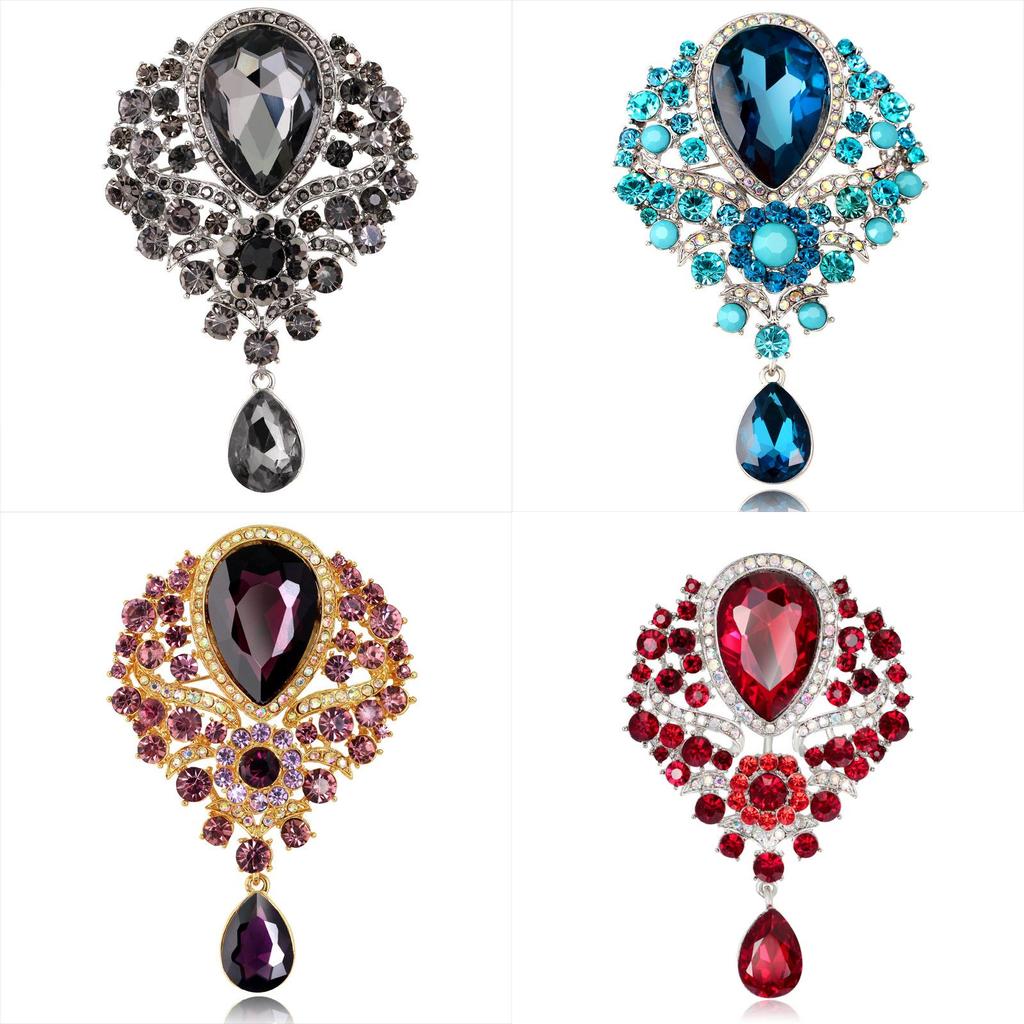 Womens Designer Crown Pin With Glass Pendant And Electrophoretic Finish