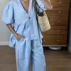 Spring and Summer New Sweet Solid Color Set Cotton V-neck Top Puff Short Sleeve Long Pants 2-piece Set