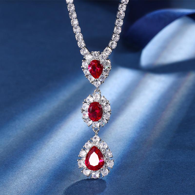 Luxury Fashion Emerald Sapphire Ruby Water Drop Long Pendant Zircon Tennis Necklace for Women Engagement Wedding Party Jewelry