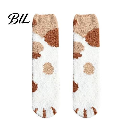 Non Slip Indoor House Socks Cute Cat Paw for Women, Winter Fuzzy Socks, Cozy Soft Plush Comfortable Lounge Animal Slipper Warm Coral Fleece