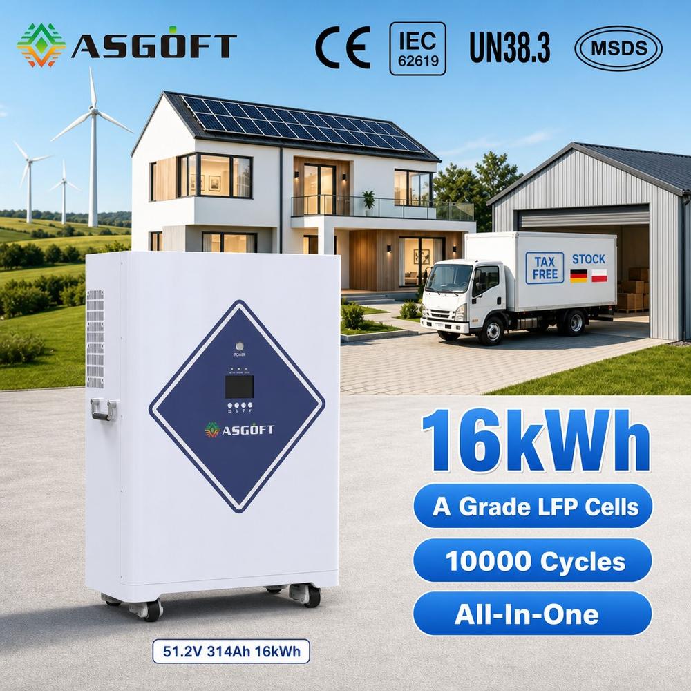ASGOFT All-In-One 16kWh LiFePO4 Lithium Battery Energy Storage System 51.2V/314Ah Floor Mounted Battery With 12kW Solar Inverter