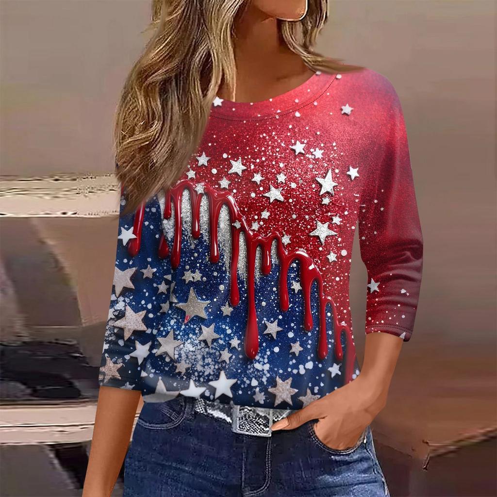 Women’s Long Sleeve Crewneck Top with Printed Star and Stripe Pattern Casual Loose Fit Pullover Shirt for Everyday Wear