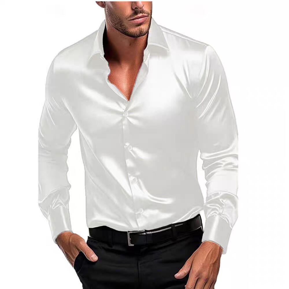 Men Burgundy Silky Satin Long Sleeve Casual Business Work Shirt