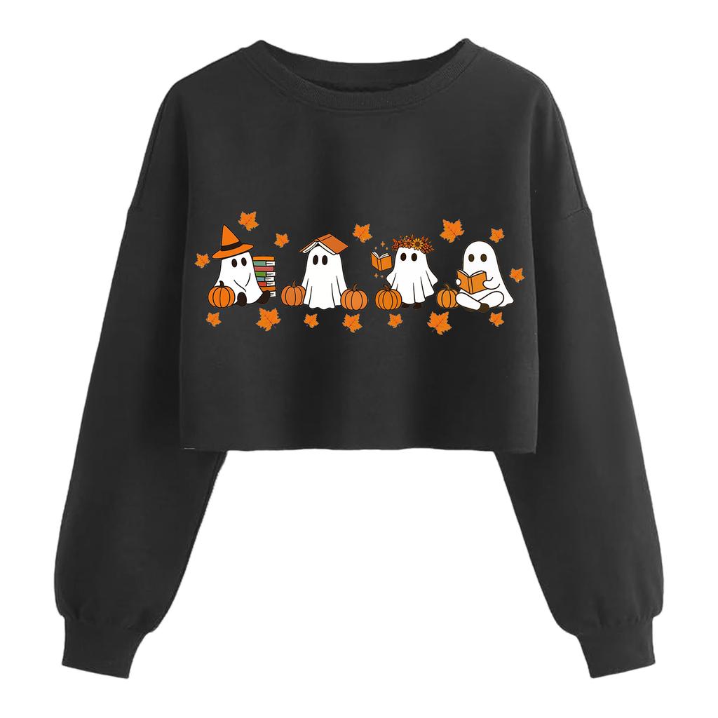 Женский модный пуловер с длинным рукавом и принтом на Хэллоуин, открывающий живот