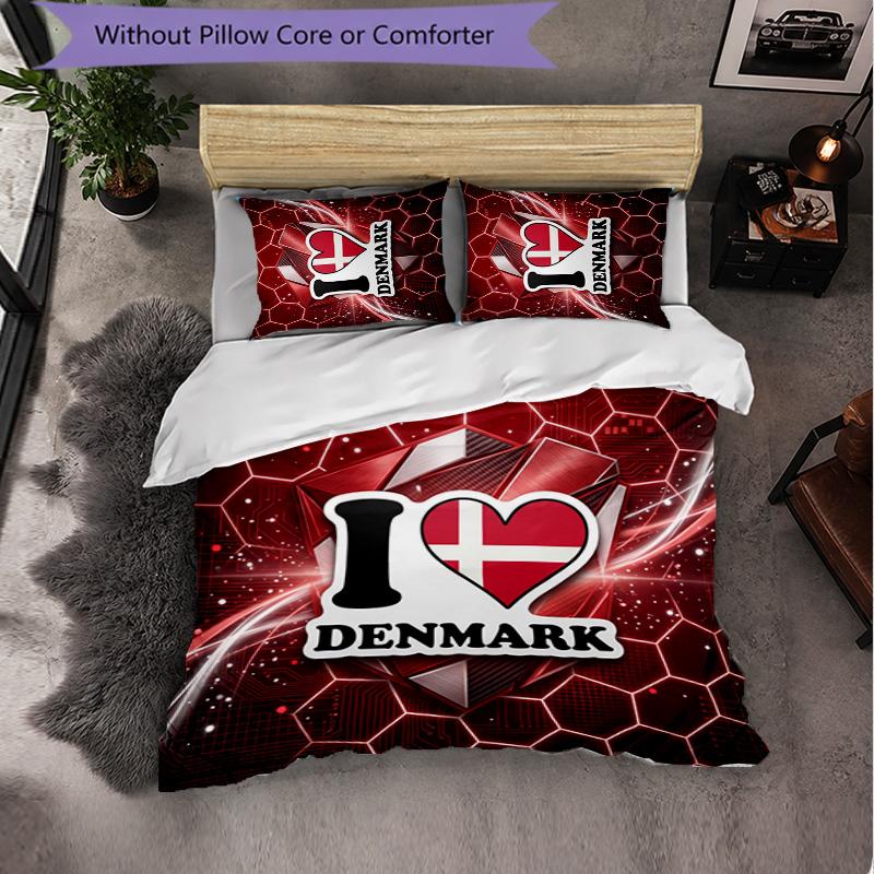 Denmark Football Pattern 3 Pieces Bedding Set Soft Microfiber Duvet Cover with Pillow Cases for Bedroom