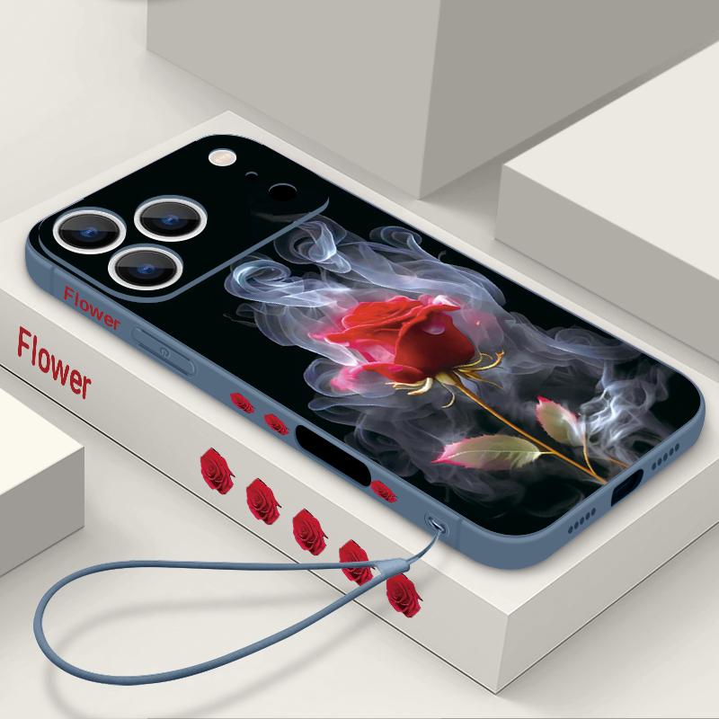 Wrist Strap Lanyard TPU Phone Case For iPhone 17 16 15 Pro Max 13 14 Pro Max 17e 16e 11 Red Rose Print Soft Silicone Back Cover