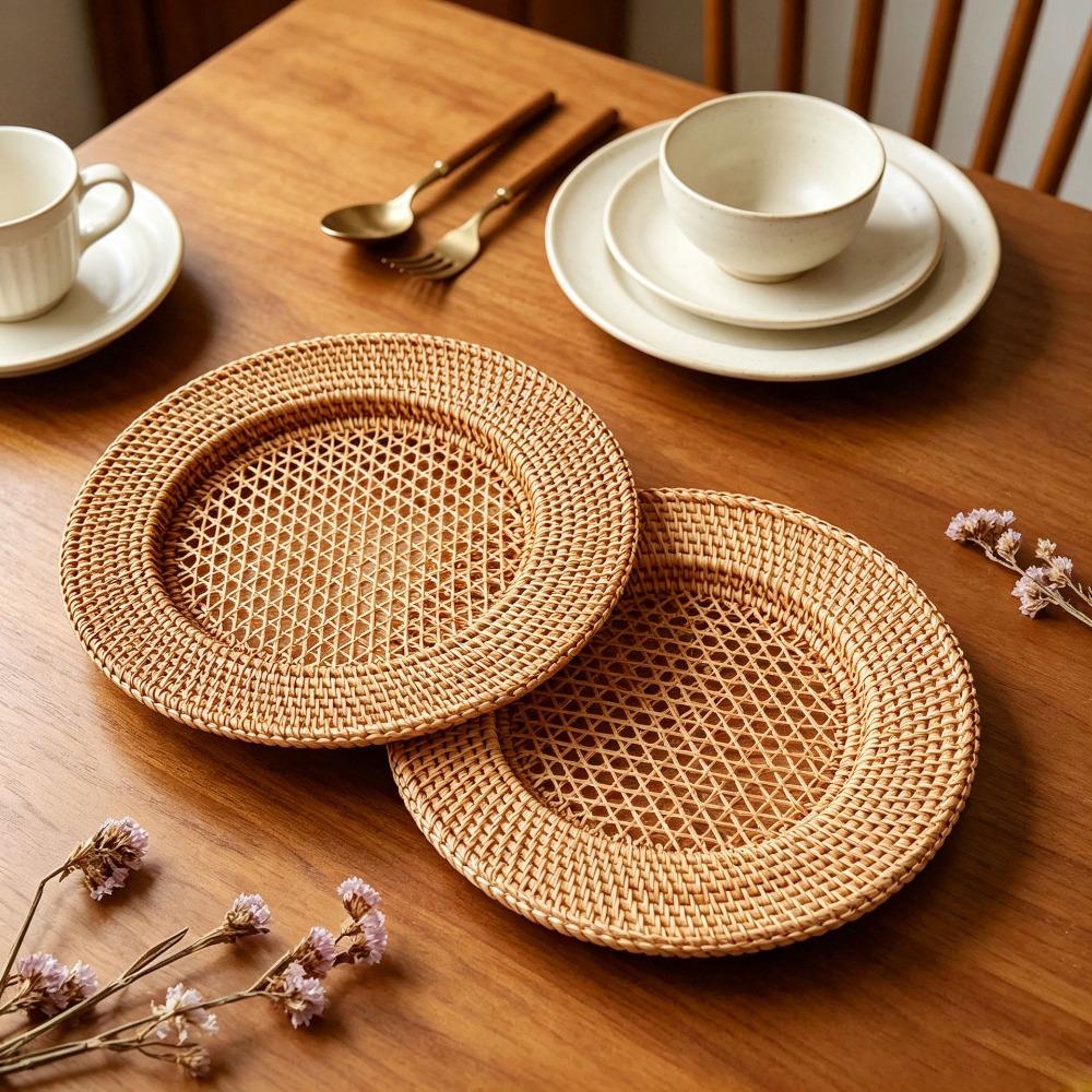 Vintage Tableware Mat Decorative Snack Serving Tray Nordic Handwoven Rattan Tray Living Room