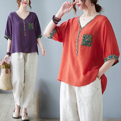 Хлопок и Лен Толстый Мм Поддельный Костюм-двойка для Матери Литературный Большой Размер Свободный Скрывающий Живот Стройнящий Маленькая Рубашка Футболка С Коротким Рукавом Топ