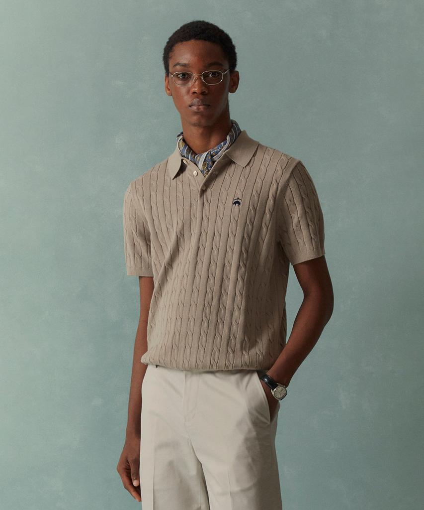 BROOKS BROTHERS Cotton Cable Polo Short Sleeve Sweater (Beige) (Bbwtmog204)