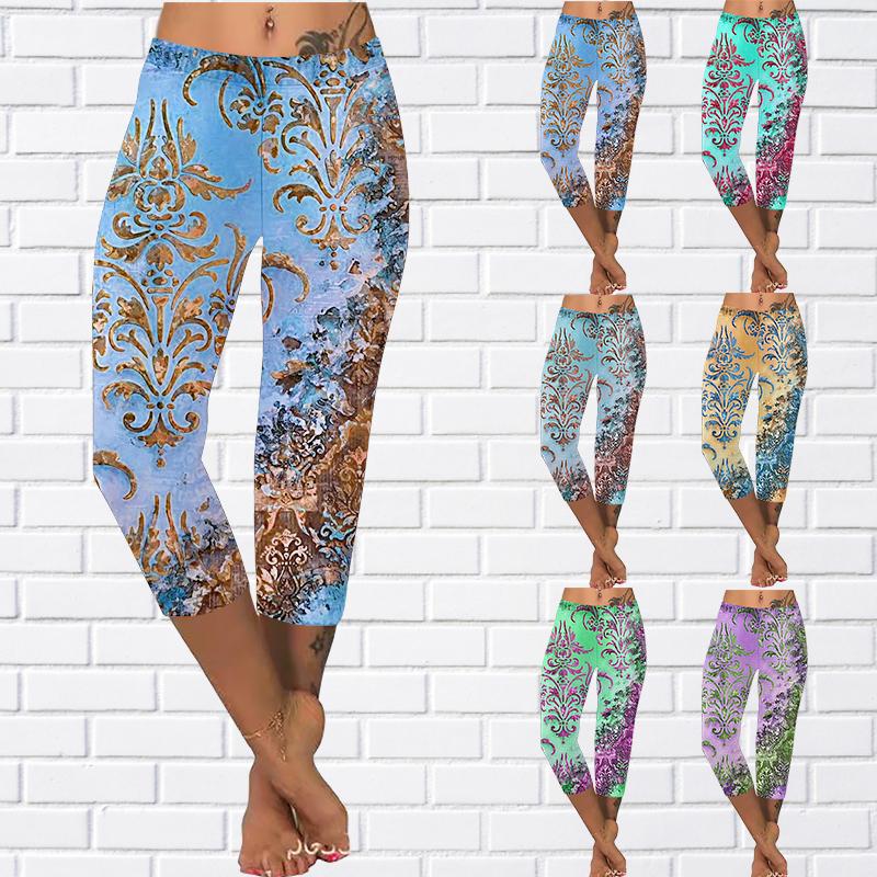 Pants Summer Yellow Butterfly Short Leggings Cropped Skinny Trousers Plus Size Leggins Ladies Colorful Grass Pants Cropped Pants