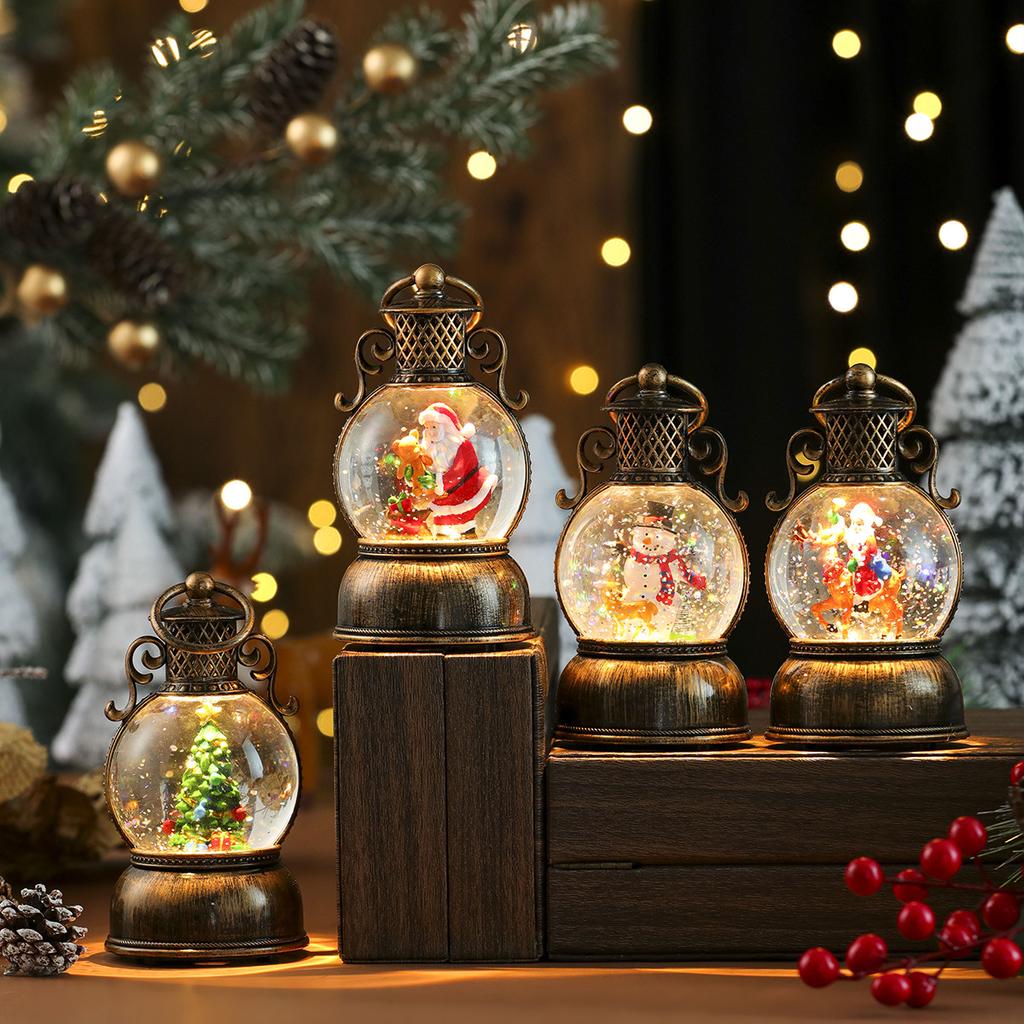 Christmas Gift Snow Globe Light with Music/Handle/Resin Figurine Holiday Decoration Table Lantern Ornaments