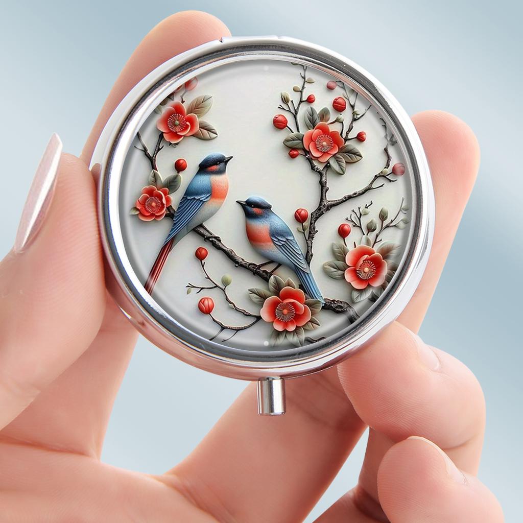 Portable Pill Box with 3 Compartments, Mini Metal Medicine Organizer Case, Cute Printed Pill Container for Vitamins, Pills, Jewelry, Travel, Daily Use