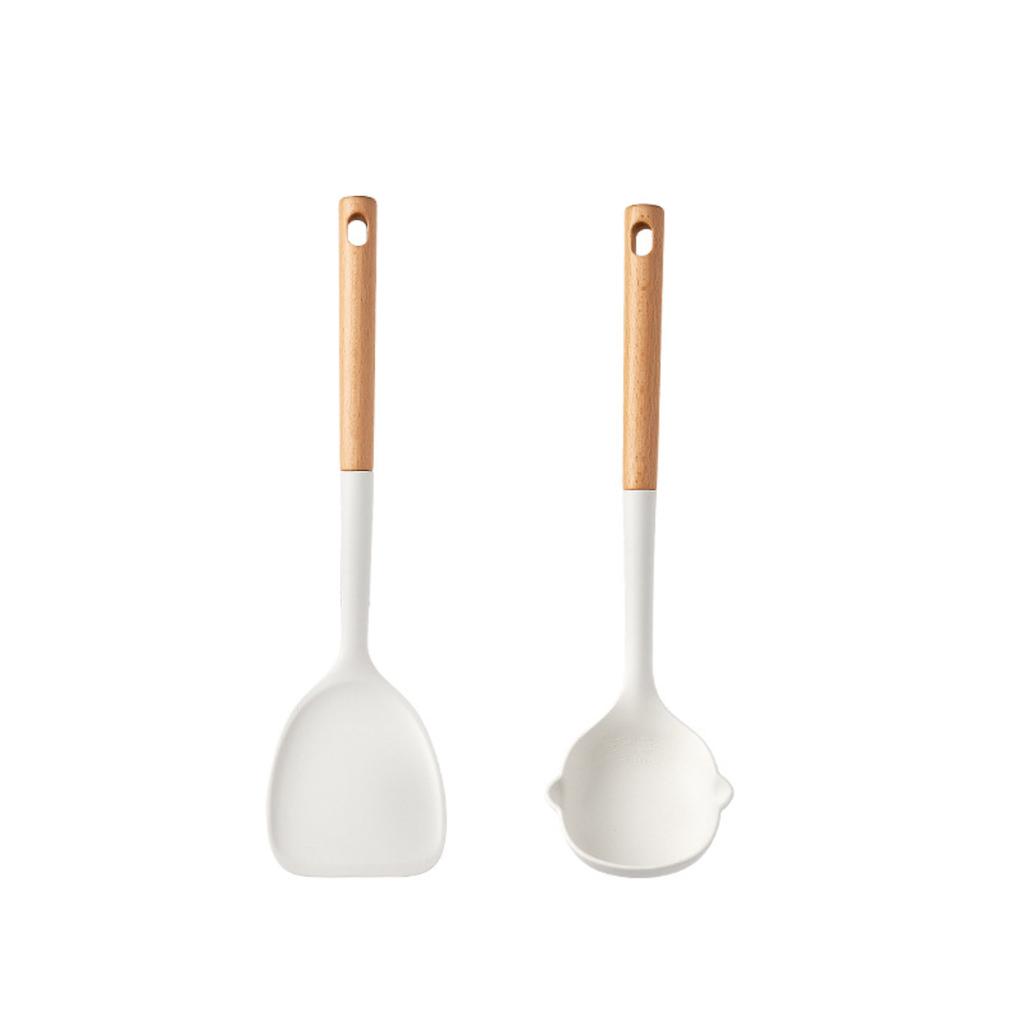 Food Grade Silicone Kitchen Utensils Set Beech Wood Handle Heat Resistant Non-Stick Cookware Spatula Spoon Whisk Tongs