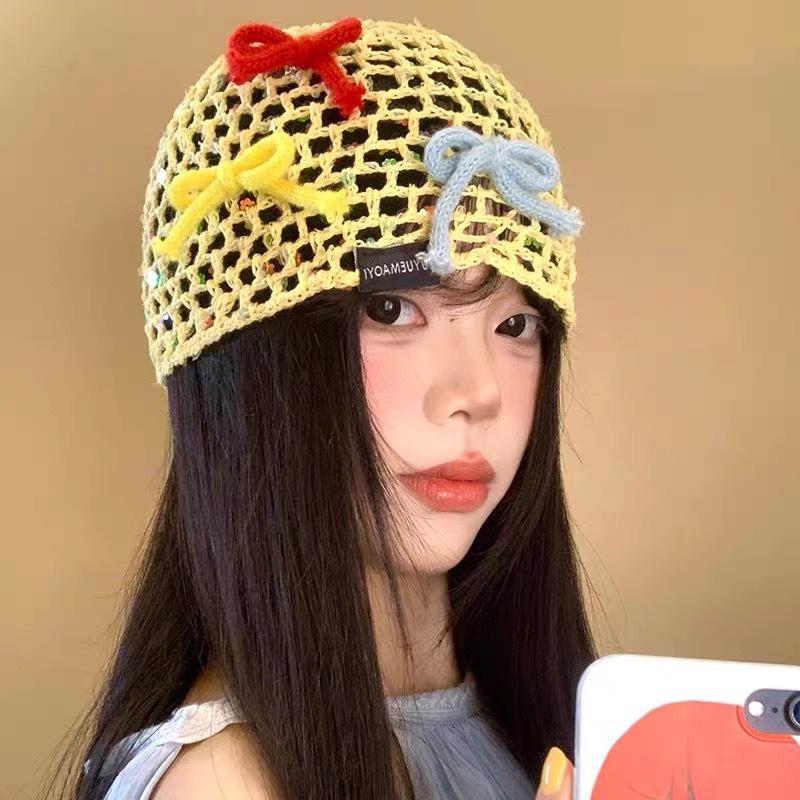 Korean Bow Sequin Knit Headband Hat for Women: Fashionable Fishnet Wool Cover