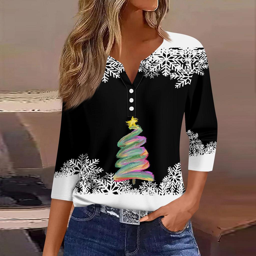 Жен. Футболка Футболка С принтом Пуговицы Рукав 3/4 Повседневные Выходные Мода Классический Классический V-образный вырез Обычный Верх