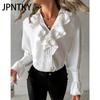 JPNTKY Женская мода Повседневная осень-зима Однотонные принты Длинные рукава V-образный вырез Блузки и рубашки