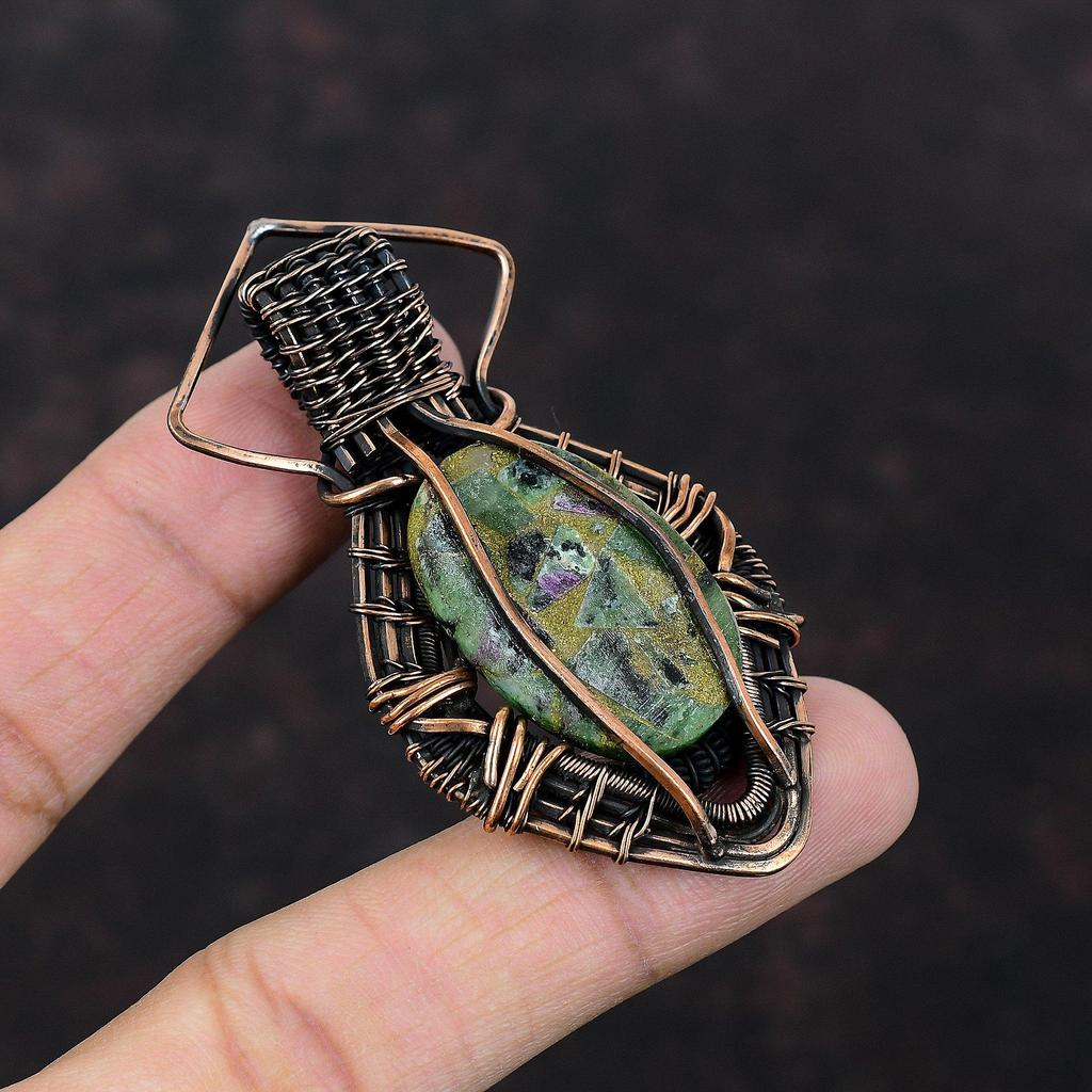 Copper Ruby Zoisite Pendant Copper Wire Wrapped Gemstone Pendant Designer Pendant Copper Jewelry Handmade Pendant Wire Wrap Jewelry For Gift