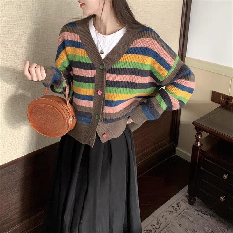 Радужный полосатый свитер женский осенне-зимний свободный жакет дизайн Sense Lazy Wind вязаный кардиган Tide удобный универсальный и модный