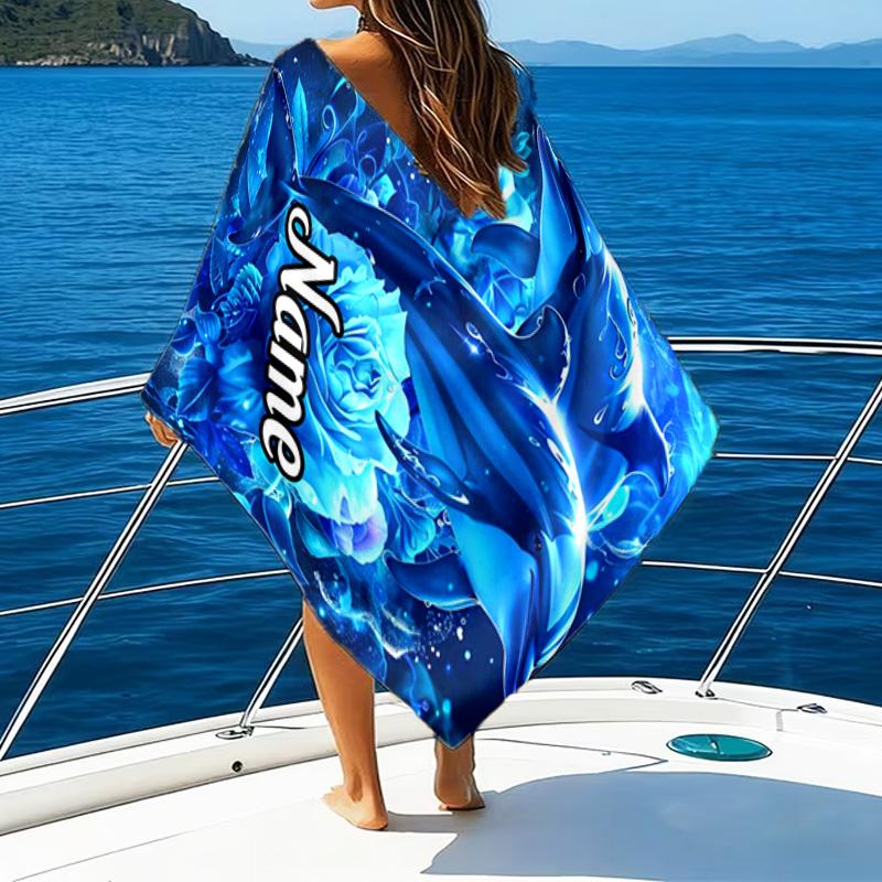 Custom Name Love Dolphins Heart Microfiber Beach Towel Super Soft & Absorbent for Bath, Beach, Travel Bath Time Accessory, Fan gifts