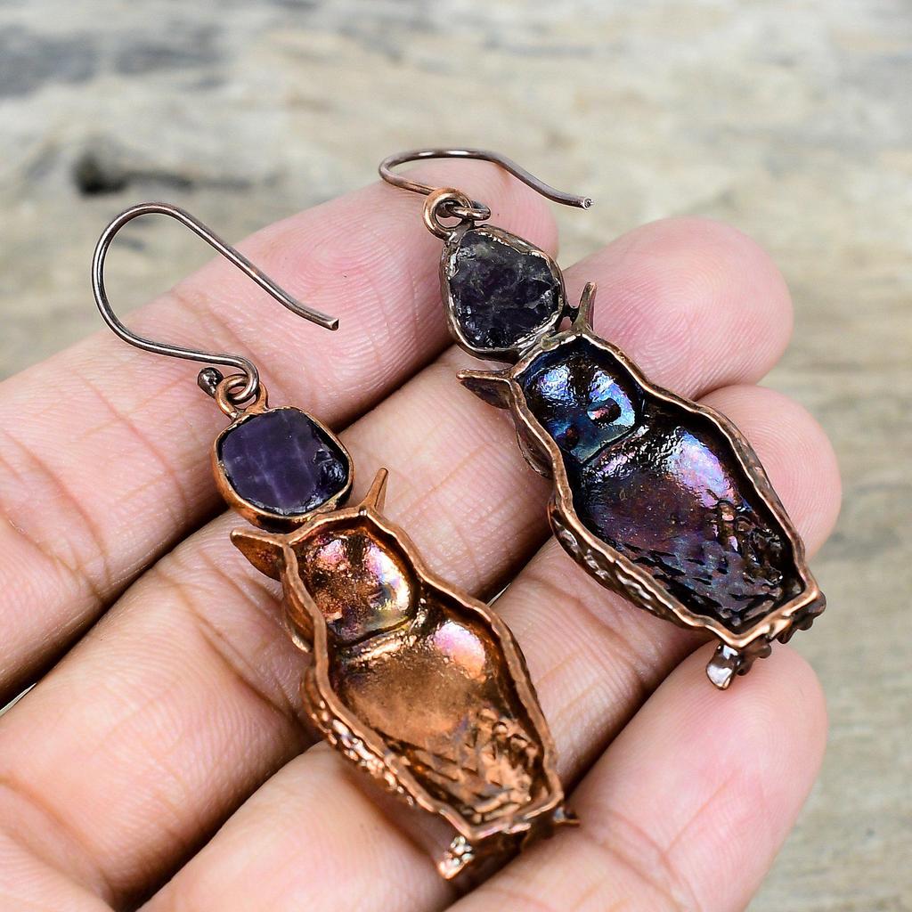 African Amethyst Rough Earring Electroformed Copper Earrings Amazing Owl Earring Handmade Gemstone Jewelry Gifts for Her Brand New Earring