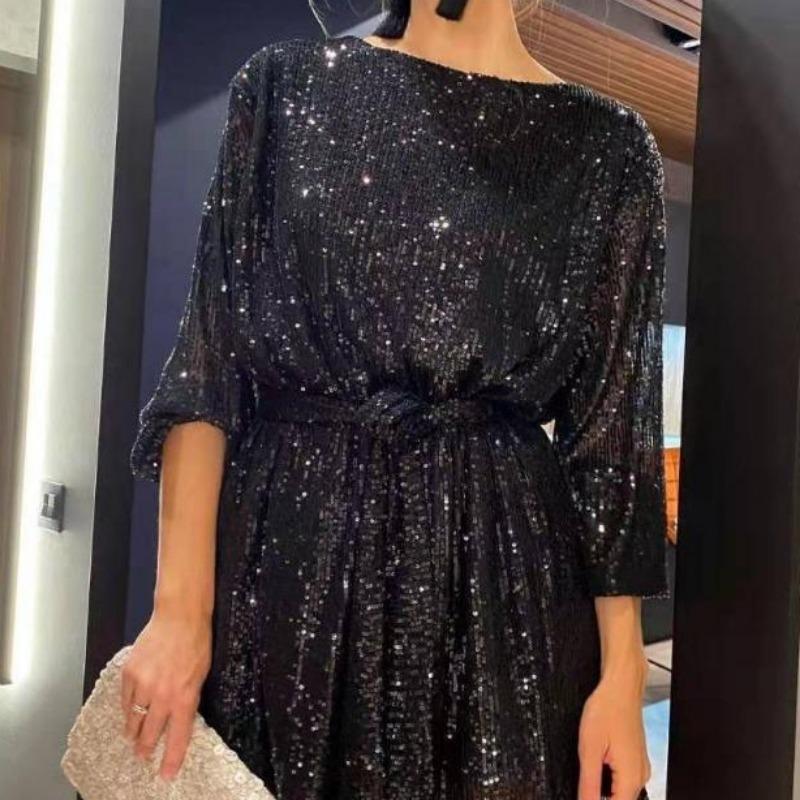 Женское мини-блестящее платье с длинным рукавом Сверкающее платье из бисера Модное темпераментное элегантное сексуальное вечернее платье с блестками Праздничная вечеринка Коктейльная вечеринка