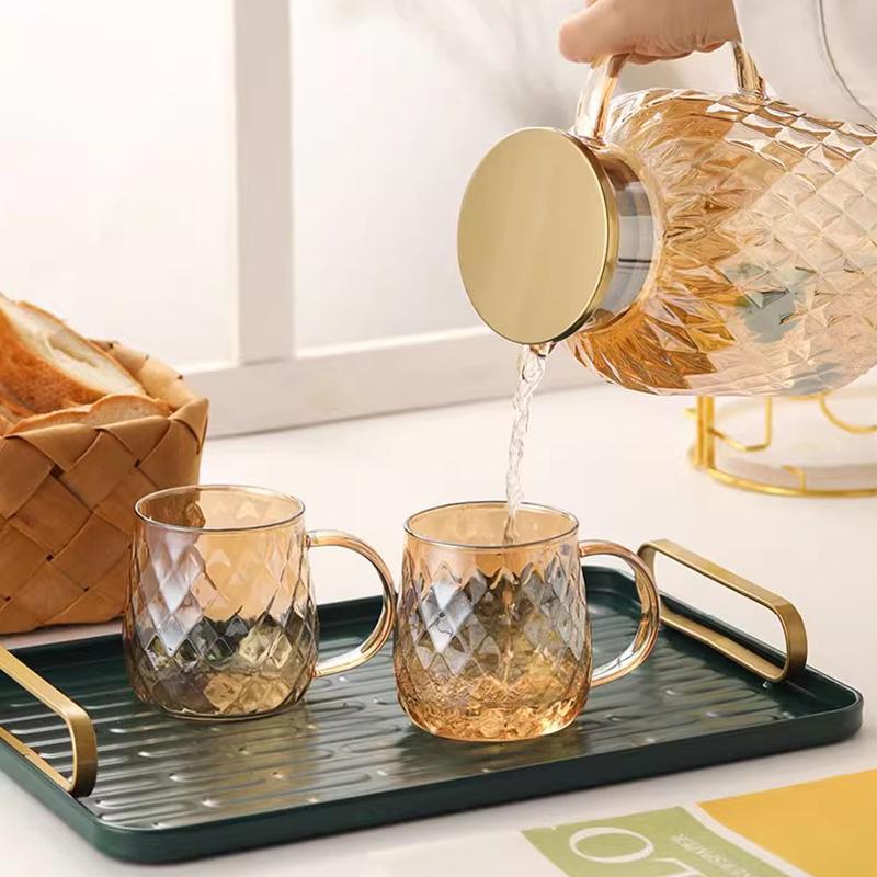 Набор из 2/4 стеклянных чашек с ромбовидной текстурой, золотистая кружка с ручкой, бытовая посуда для фруктов, чая, кофе, молока, набор чашек 380 мл