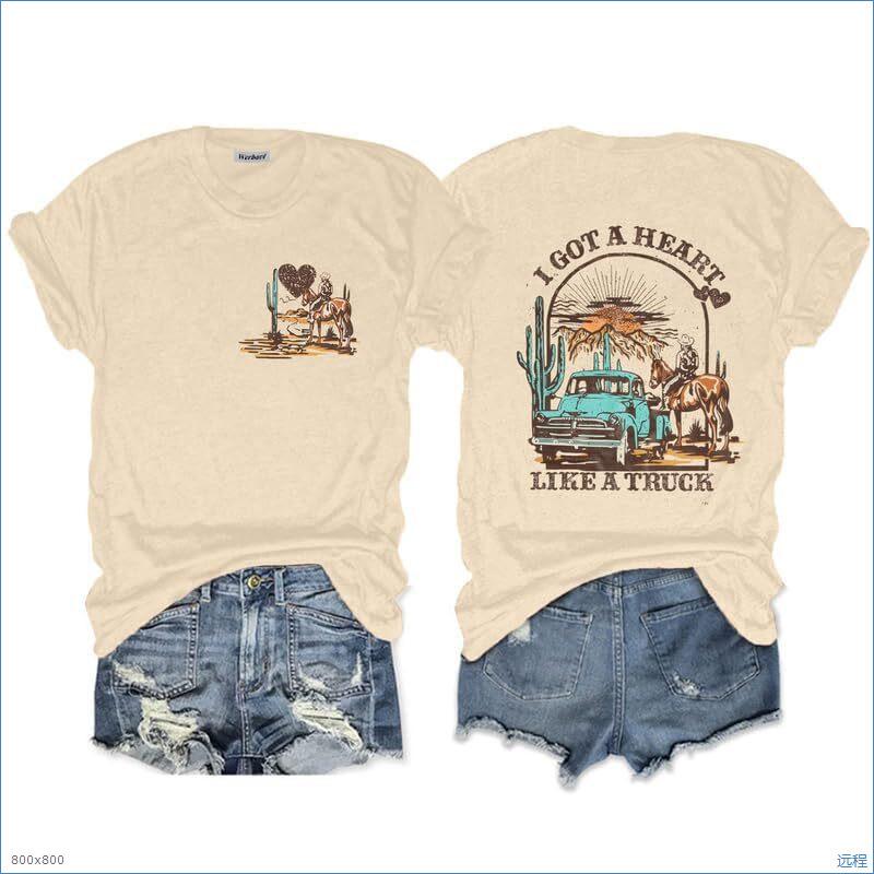 New Women's Clothing, Fashion Crew Neck, Digital Printed Western Style Short Sleeve T-Shirt