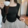 Square Collar Long Sleeve Woolen T-shirt Women's New Autumn and Winter Plus Fleece Spice Girl Short Top Tight Waist Closing Bottom Shirt