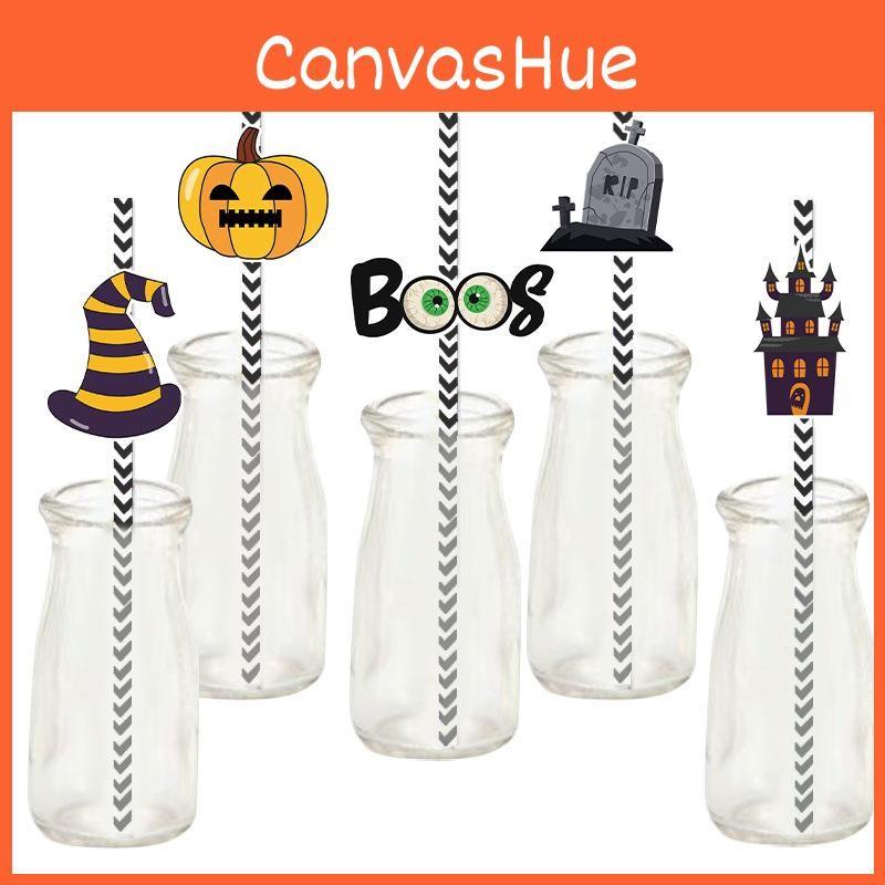 Paper Halloween Event Straws With Witch And Pumpkin Illustrations Festive For