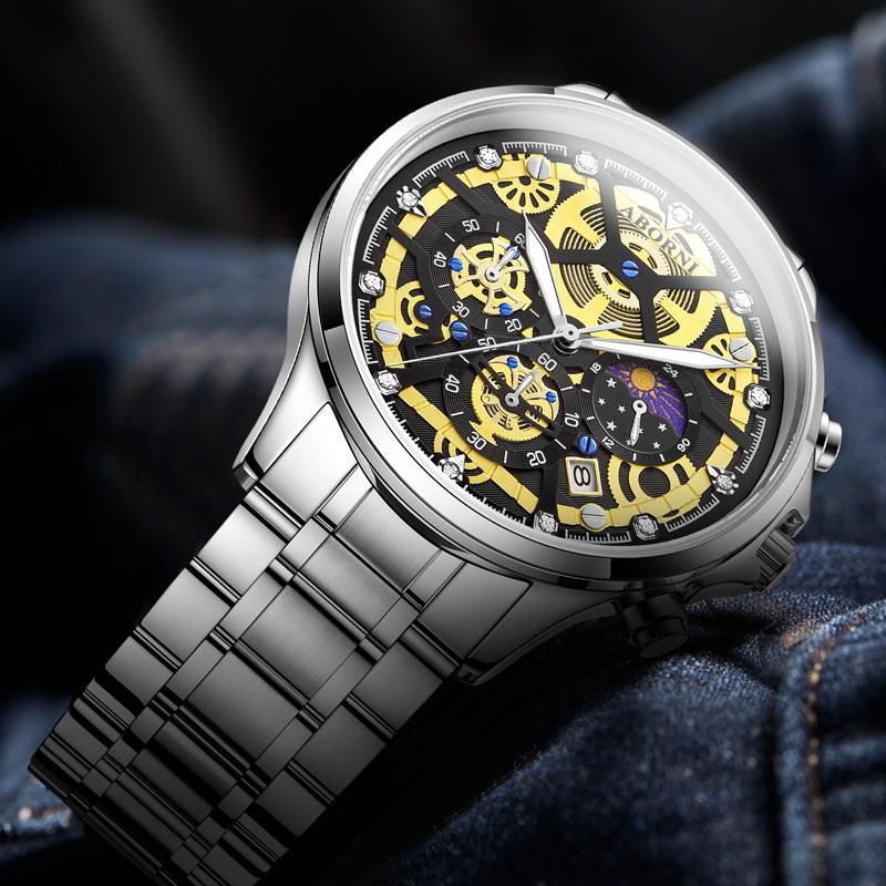 ABORNI Кварцевые многофункциональные мужские часы из стали с хронографом