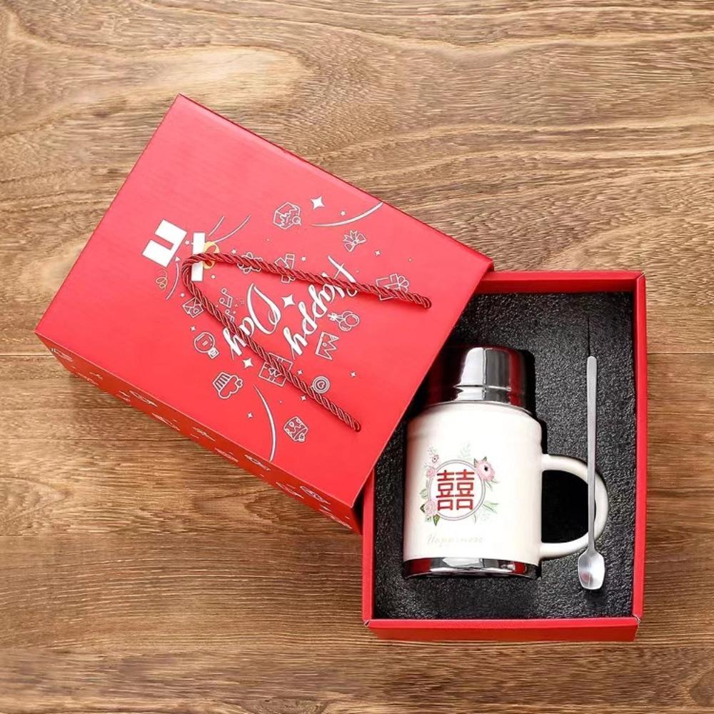 Vintage Double Happiness Kettle Mug with Lid Spoon Girls Ceramic Mug with Gift Box Packed Red Red Gift Box