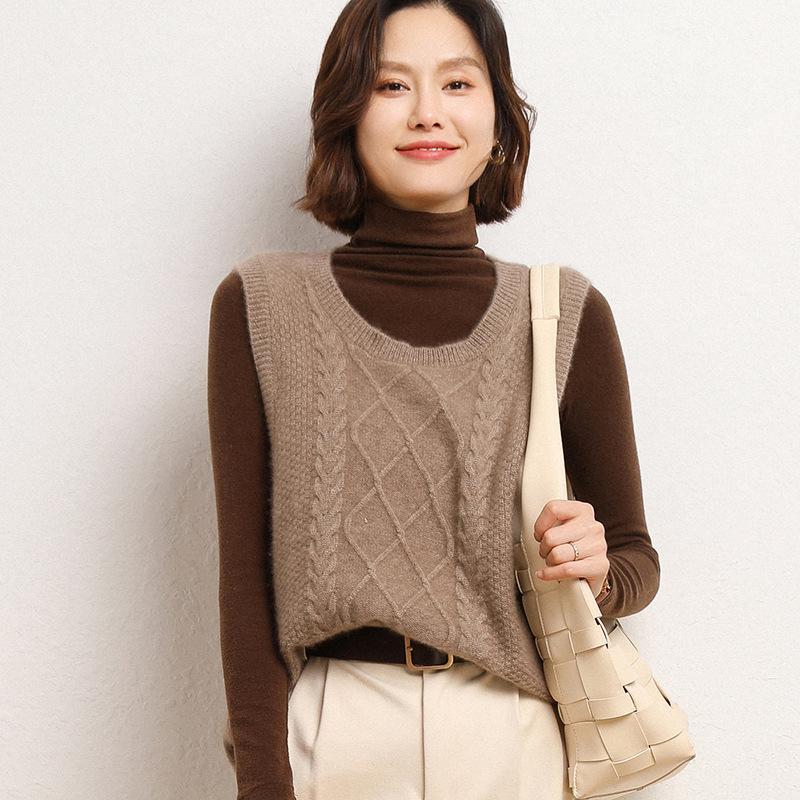 Кардиган-жилет жаккардовой вязки с круглым вырезом для женщин на осень и зиму. Новый свободный и универсальный вязаный жилет без рукавов. Теплый топ.