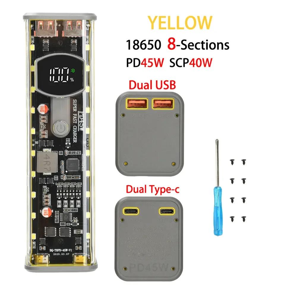 PD65W Box для хранения аккумуляторов 8 ячеек 18650 DIY Корпус Power Bank Комплект Цифровой дисплей USB Type C Быстрая зарядка Держатель аккумулятора Корпус