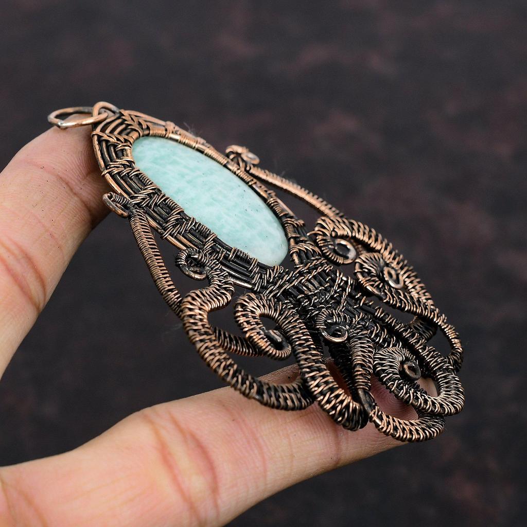 Кулон с амазонитом, медная проволока, кулон, медные украшения, кулон в виде осьминога, кулон ручной работы, обернутый проволокой, ювелирные изделия из драгоценного камня, подарок для мамы