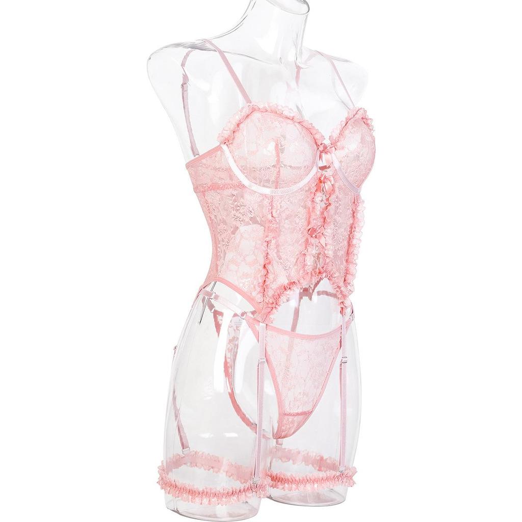 Aduloty Новое сексуальное нижнее белье, розовое кружевное плиссированное кружевное полое свежее и милое маленькое прозрачное платье на подтяжках