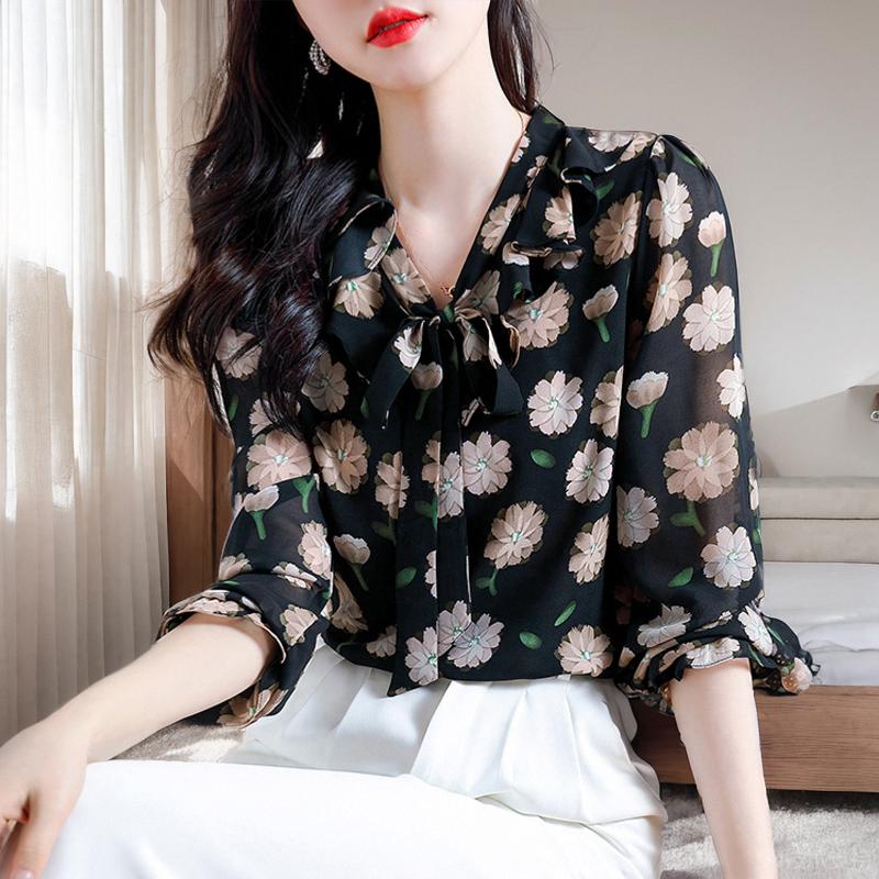 Весенне-осенний женский пуловер с v-образным вырезом и пуговицами, шифоновая футболка с раздельными рукавами, модные повседневные праздничные элегантные топы