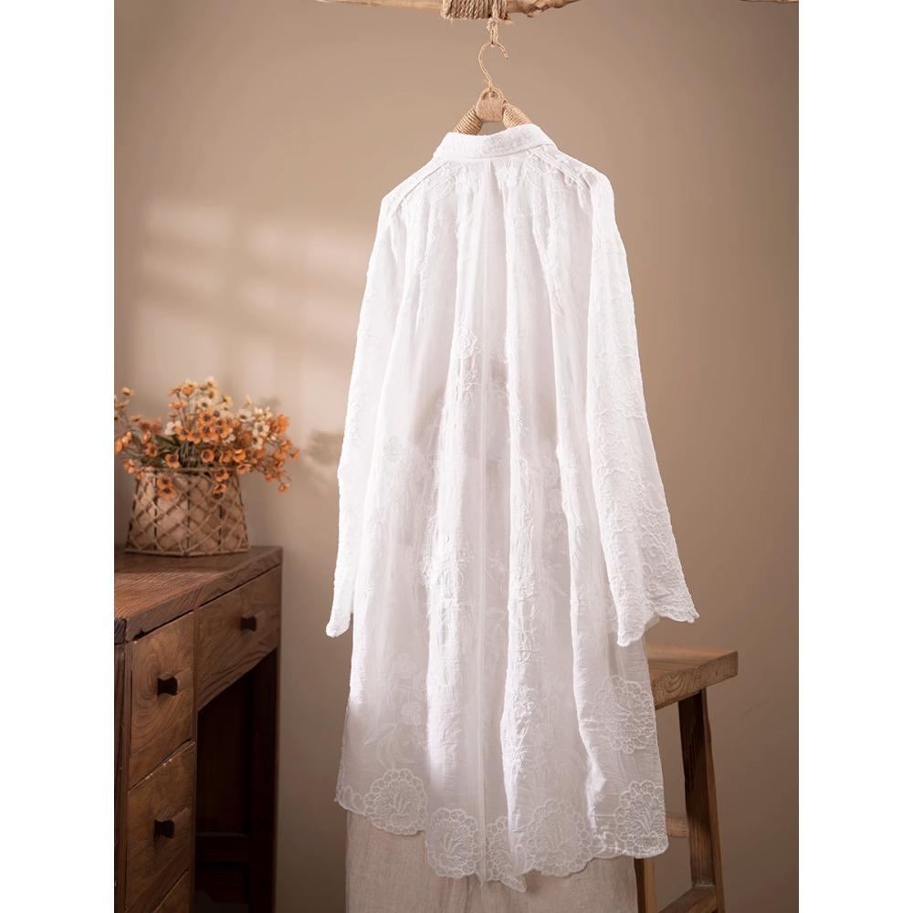 Dimanaf 2025 Spring Linen Blouse Shirt Long Sleeve Cardigan Women Blouse Fashion Long Lace White Floral Tops Loose New