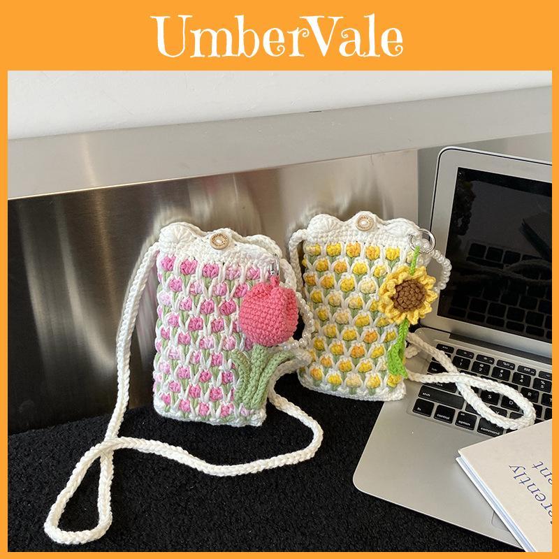 Urban Minimalist Knitted Crossbody Bag With Floral Embroidery And Single Strap For Daily Use